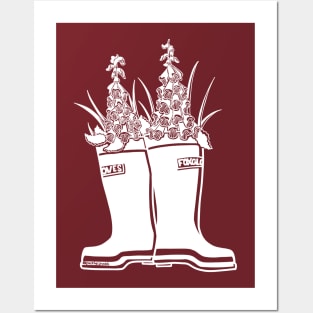 Foxglove White Lineart Rain Boots Posters and Art